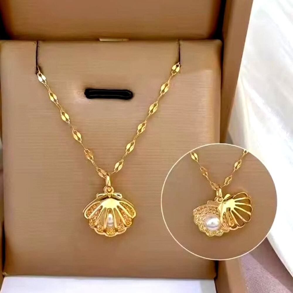 Dainty Gold Tone Clamshell & Pearl Necklace Women's Valentine's Birthday Gift